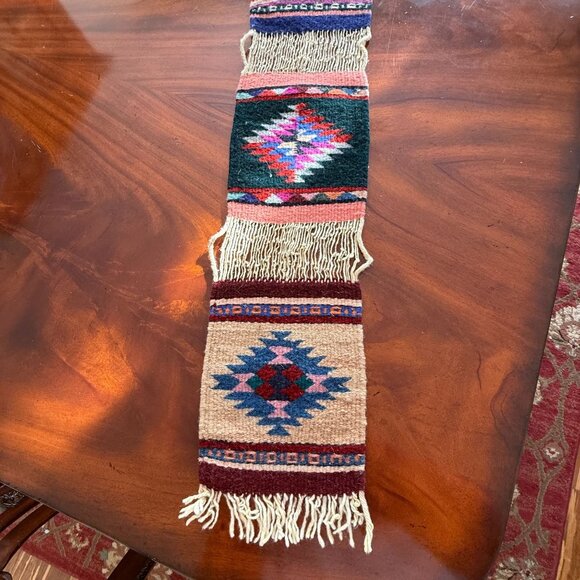 Zapotec 7 Panel Table Runner Mexican 79 "x 7"  Wool Hand Woven Folk Art Fringe - Picture 10 of 16